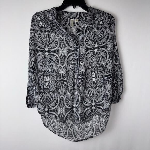 Tacera Womens Black White 3/4 Sleeve Embroidered Pattern Blouse Petite Small - Picture 1 of 9